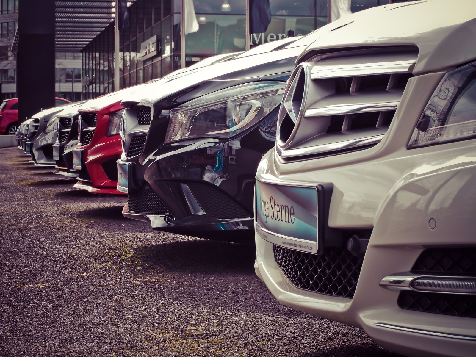 Row of cars lined up on a dealership forecourt